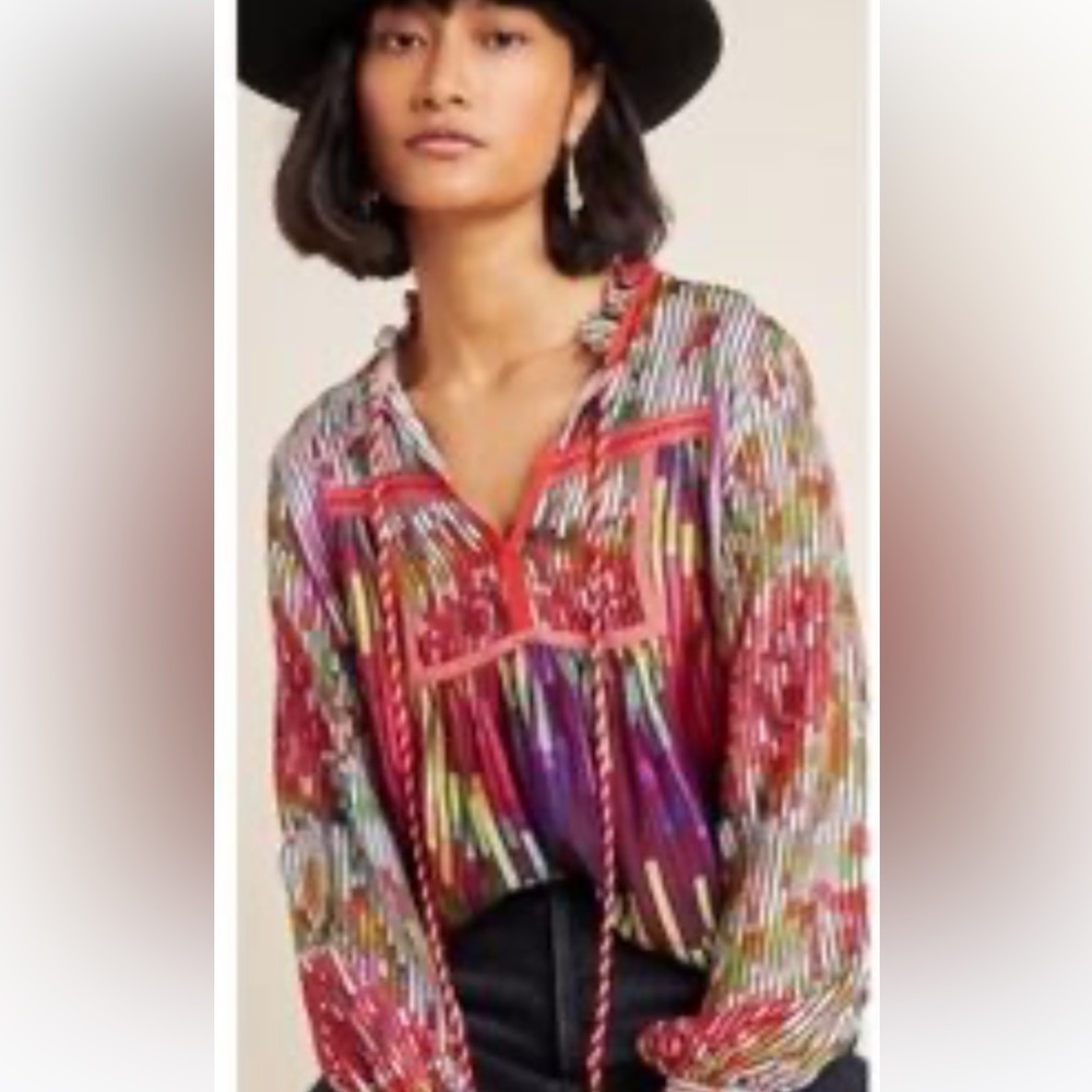 🌈Anthropologie Rainbow Abstract Peasant Boho Blouse